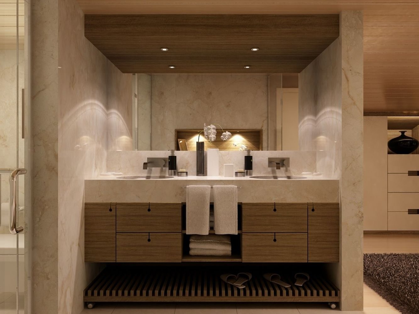 A photorealistic computer-generated visual of a bathroom with a stone vanity and twin basins